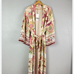 Zara watercolor floral print kimono duster cardigan belted